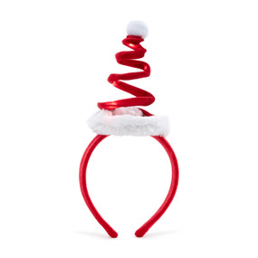 A red holiday headband with a light up red swirl with white pom pom on top to make it look like Santa's hat.