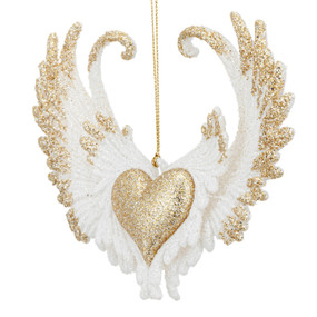 A white and gold sparkly angel wings ornament with a gold heart in the center.