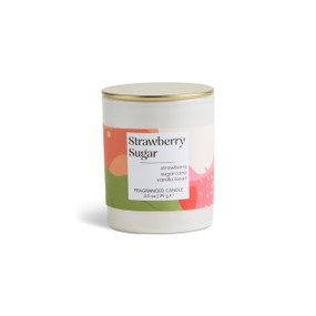 A 3.5 oz strawberry sugar scented candle in a round white container with a gold lid.