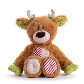 A brown plush reindeer with patterned paws and green knit ears displayed sitting.