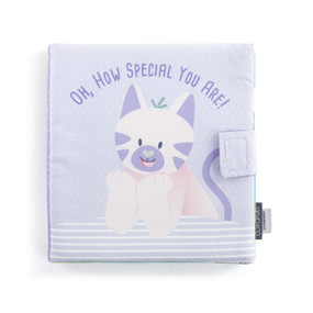 A light purple fabric activity baby book with an illustrated kitty on the front and the title "Oh, How Special You Are!".
