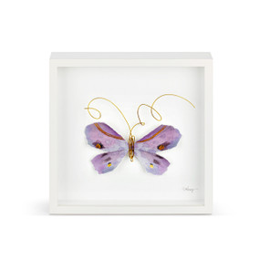 A purple and gold butterfly with gold wire tentacles in a white square framed wall art.