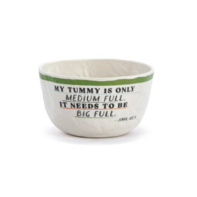 A white crinkly melamine bowl with a green rim and the saying "My tummy is only medium full. It needs to be big full".