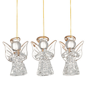 A set of three small glass angel ornaments with gold halos.