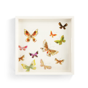 A square white wood tray with illustrated butterflies in the center.