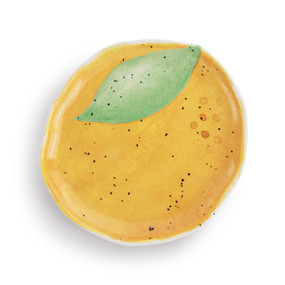 An orange shaped ceramic plate painted on the inside to look like the outside of an orange.