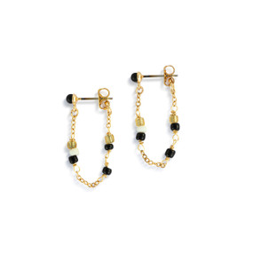 A pair of black and gold beaded loop earrings.