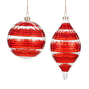 Two different shaped clear glass ornaments with red horizontal stripes.