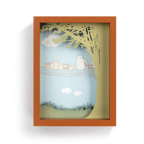A brown shadow box frame with a classic image of Winnie the Pooh with his jars of honey on a tree branch.