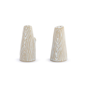 A set of cream salt and pepper shakers with a wood grain appearance.