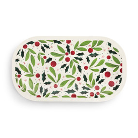 A rectangular white melamine platter with illustrated green holly and red berries.