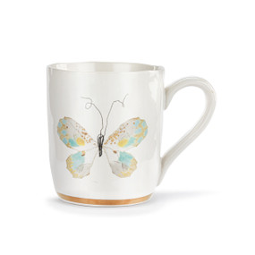 A white ceramic mug with a green and white art butterfly and a gold trim around the base.