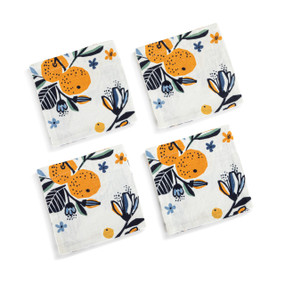 A set of four small white cocktail napkins with an illustrated citrus pattern.