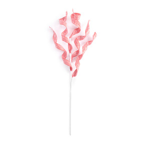 A white stem spray pick with red and white striped curly ribbon.