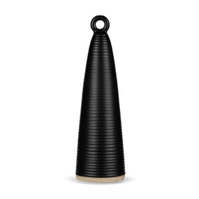 A 14 inch tall black ceramic cone figure with a small hole at the top and a textured tan base.