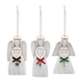 Three different white paper pulp angels. Each is holding a different colored ribbon with a charm.