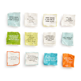 A set of square crinkly ceramic magnets in different colors and patterns. Each has a different funny quote.