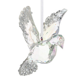 A clear ornament shaped like a dove with silver sparkle and beads on its wings and tail.