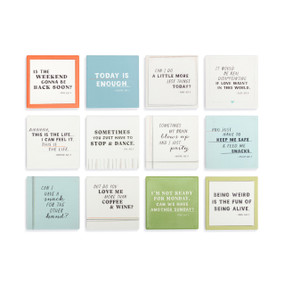 A set of 12 different square coasters with various sayings and designs.