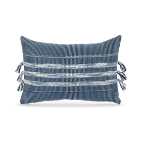 A rectangular blue pillow with white stripes and tassels on the ends.