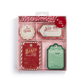 A set of 24 gift tags to add to baked treats in four different designs and displayed in a packaging box.