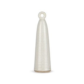 A 7.5 inch tall white ceramic cone figure with a small hole at the top and a textured tan base.