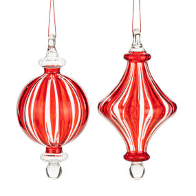Two different shaped clear glass ornaments with red vertical stripes.