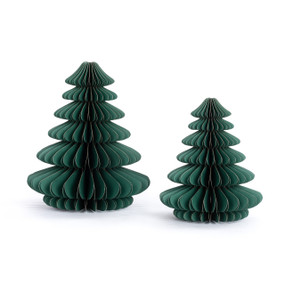 Two green paper accordion trees in different sizes.