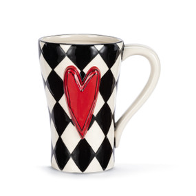 A black and white diamond check mug with a handle and a raised red heart on the front.