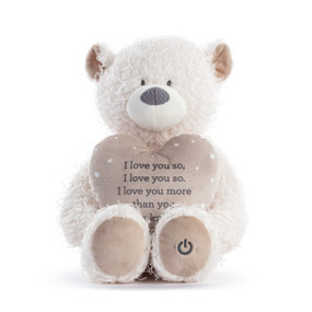 A white teddy bear holding a tan plush heart with a loving message on it.