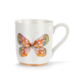 A white ceramic mug with an orange art butterfly and a gold trim around the base.