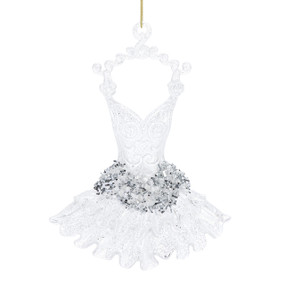 An ornament shaped like a ballet tutu outfit on a hanger and decorated with silver sparkle.