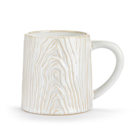 A white ceramic mug with a wood grain appearance.
