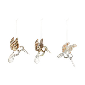 A set of three clear acrylic hummingbird ornaments with sparkle and beads on their wings.