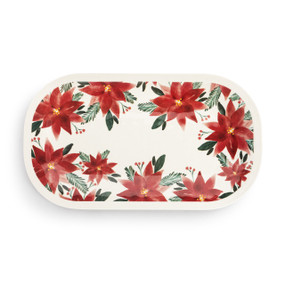 A white rectangular melamine platter with illustrated red poinsettias around the outside.