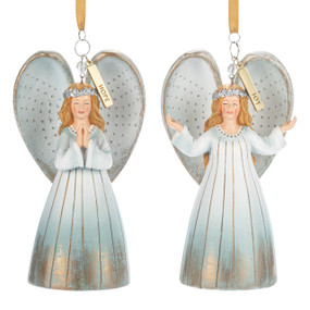 Two different white and gray angel ornaments. One has a charm with the word "Hope" and the other has a charm with the word "Joy".