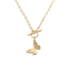 A gold chain necklace with a toggle clasp and a gold butterfly charm.
