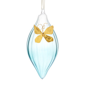 A teardrop shaped light blue milk glass ornament with a gold butterfly on the front.