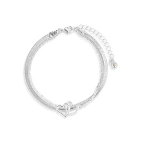 An adjustable layered silver bracelet with a silver charm of interlocking hearts.