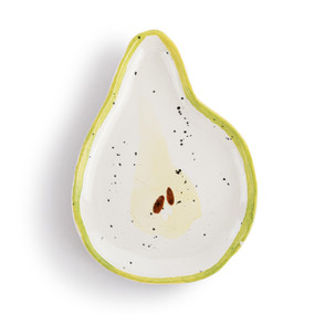 A pear shaped ceramic plate painted on the inside to look like the inside of a pear.