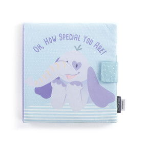 A light blue fabric activity baby book with an illustrated elephant on the front and the title "Oh, How Special You Are!".