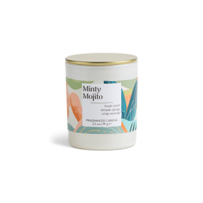 A 3.5 oz minty mojito scented candle in a round white container with a gold lid.