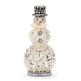 A silver glass snowman covered in glittery silver beads.