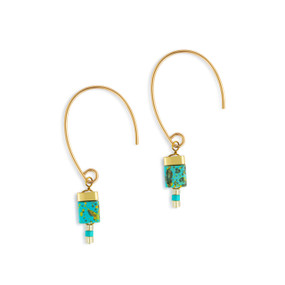 Gold hanging earrings with turquoise and gold tile beads at the end.