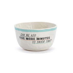 A white crinkly melamine bowl with a light blue rim and the saying "Can we add five more minutes to snack time".
