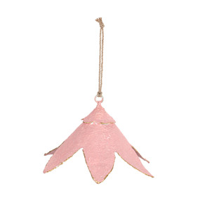 A hanging pink paper mache flower decoration.