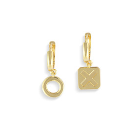 A set of gold earrings, one is an open o and the other is a x in a square.