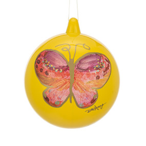 A yellow round ornament with an illustrated pink butterfly on each side.
