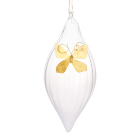A teardrop shaped white milk glass ornament with a gold butterfly on the front.
