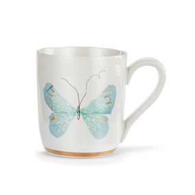 A white ceramic mug with a light blue art butterfly and a gold trim around the base.